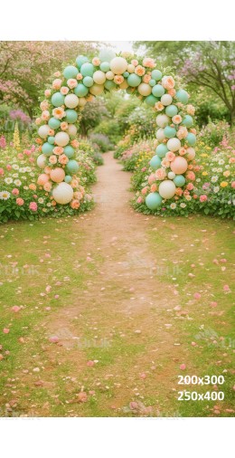 Tło fotograficzne z pastelową bramą balonową w ogrodzie kwiatowym | E551